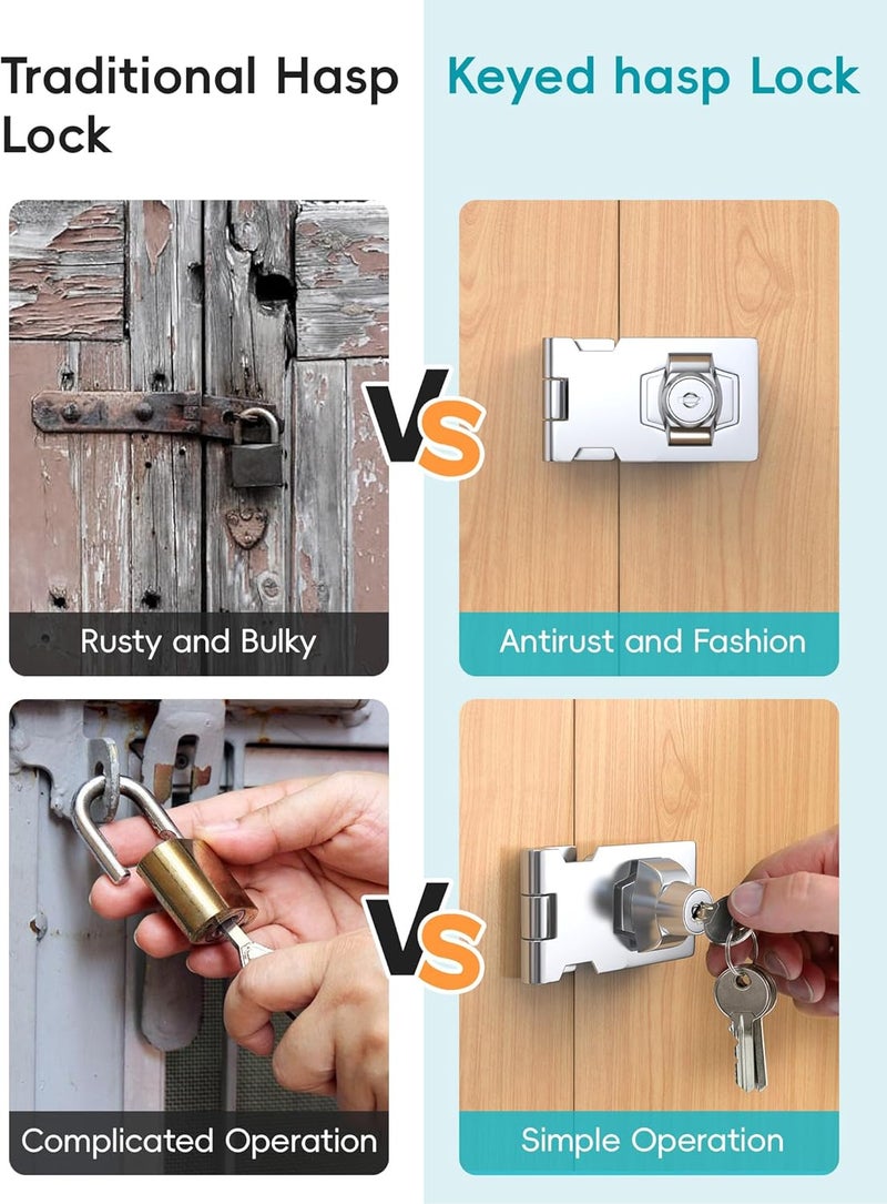 I-EASYDWW 4 Inch Keyed Hasp Lock for Cabinets & Small Doors, Twist Knob Design, Heavy Duty Zinc Alloy with Chrome-Plated Iron, Includes Keys & Screws - Silver, 2 Pack - Image 3